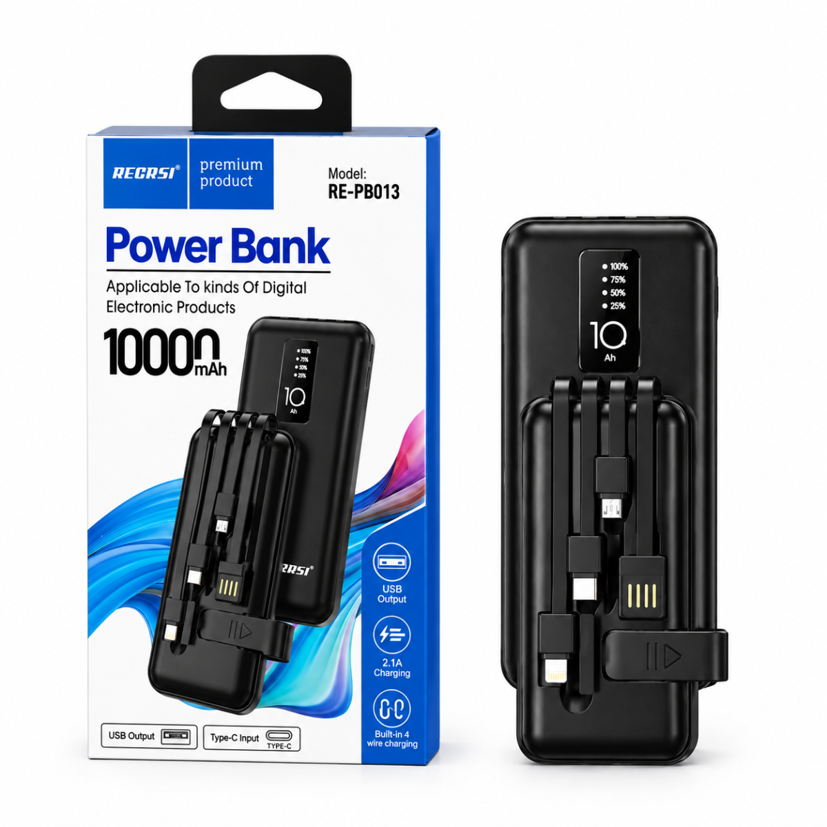 RECRSI RE-PB013 10000mAh Built-in Cable Power Bank