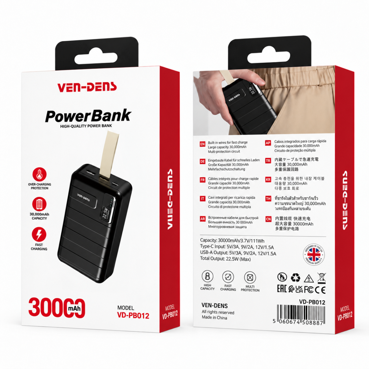VEN-DENS VD-PB012 30000mAh 22.5W Fast Charging Power Bank