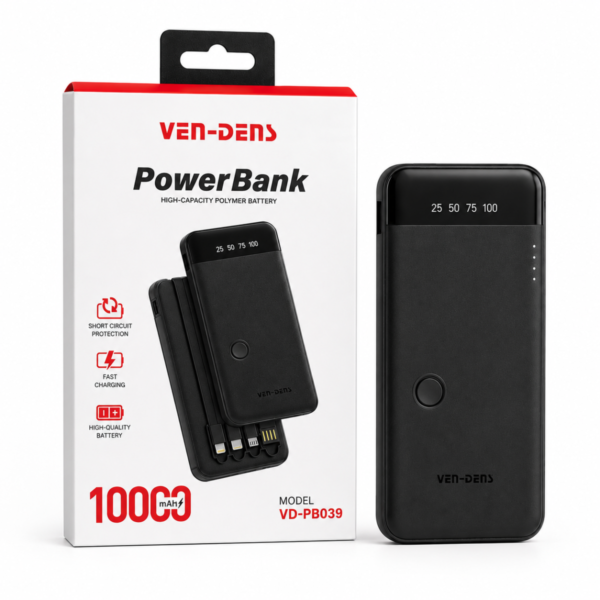 VEN-DENS VD-PB039 10000mAh Power Bank with Built-in 4 Cables
